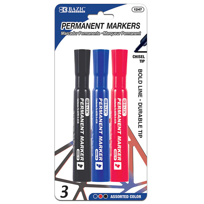 BAZIC Assorted Colors Permanent Markers (3/Pack)