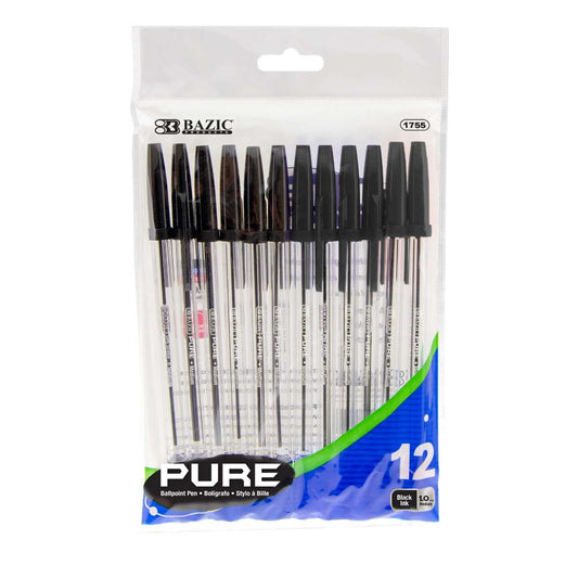 Pure Black Stick Ball Pen (12/Pack)