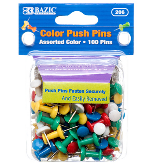 BAZIC PUSH PIN 100 CT ASSORTED COLOR