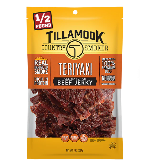 Beef Jerky teriyaki. We start with 100% premium beef 1/2 pound