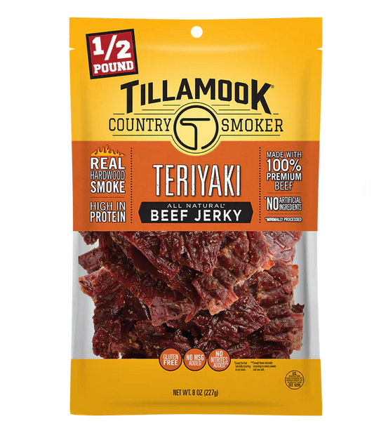 Beef Jerky teriyaki. We start with 100% premium beef 1/2 pound